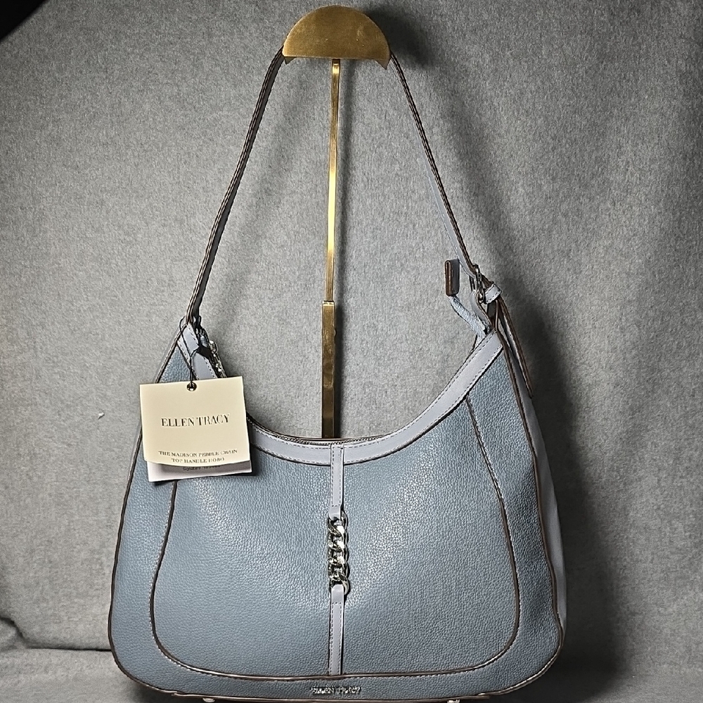 Ellen Tracy The Madison Pebble Grain Top Handle Slate Blue Hobo Bag NWT